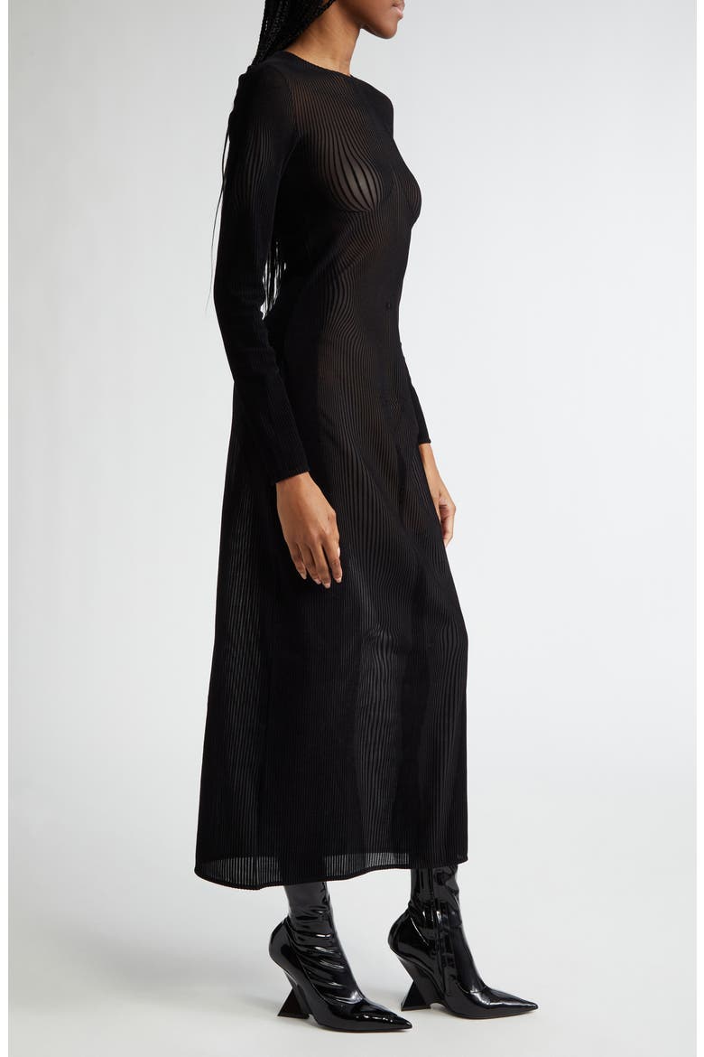 The Morphing Pinstripe Flocked Long Sleeve Sheer Mesh Dress, Alternate, color, BLACK/ BLACK