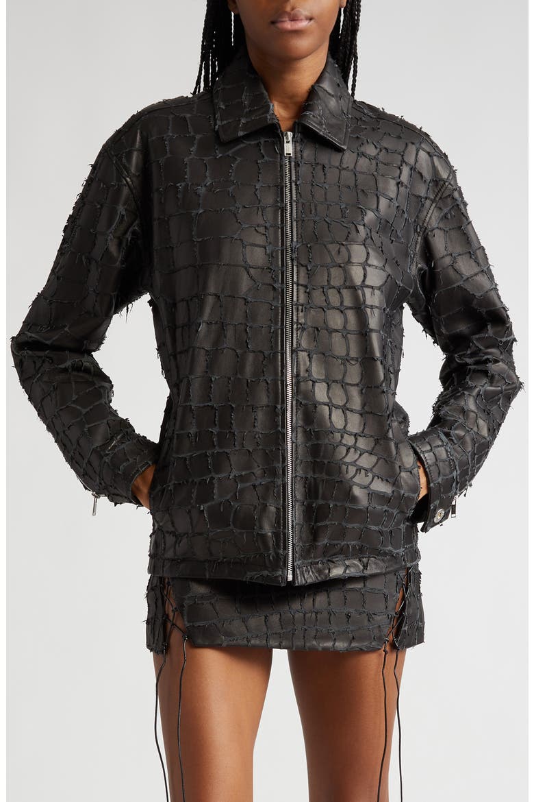 Snakeskin Etched Lambskin Leather Jacket, Main, color, BLACK