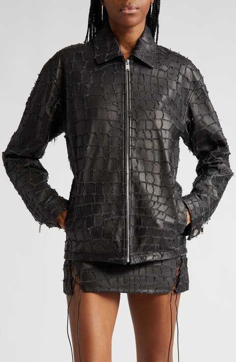 Snakeskin Etched Lambskin Leather Jacket