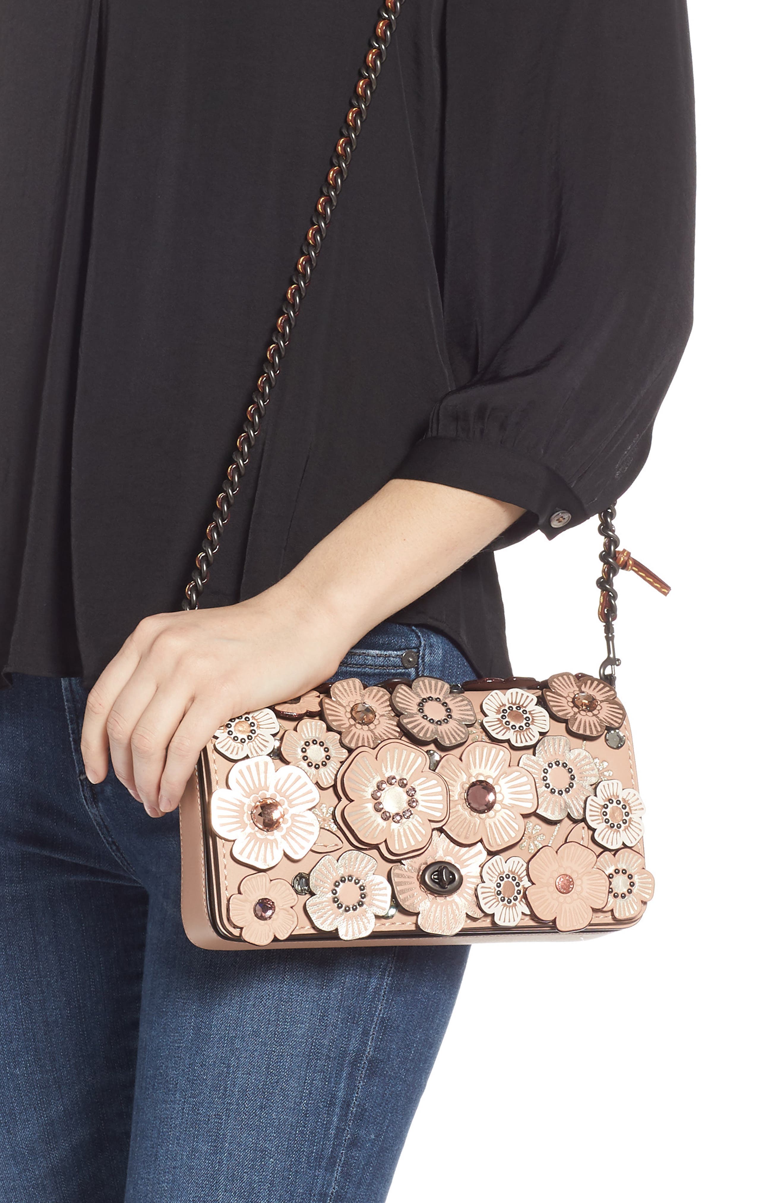COACH Dinky Crystal Tea Rose Appliqué Leather Crossbody Bag, Alternate, color, 