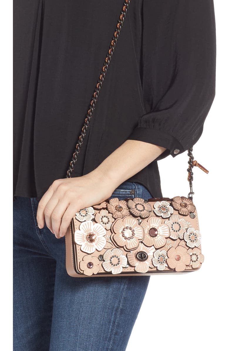 COACH Dinky Crystal Tea Rose Appliqué Leather Crossbody Bag, Alternate, color,
