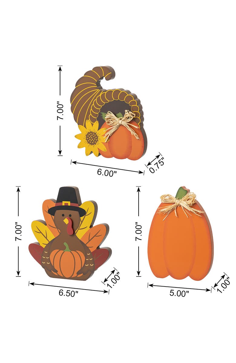 Glitzhome Set of 3 Thanksgiving Wooden Pumpkin Turkey Table Decor, Alternate, color, 