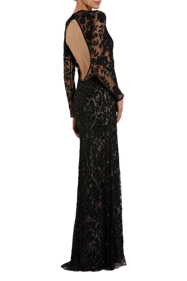 Long Sleeve Floral Embellished Gown, Alternate, color, Black Nude
