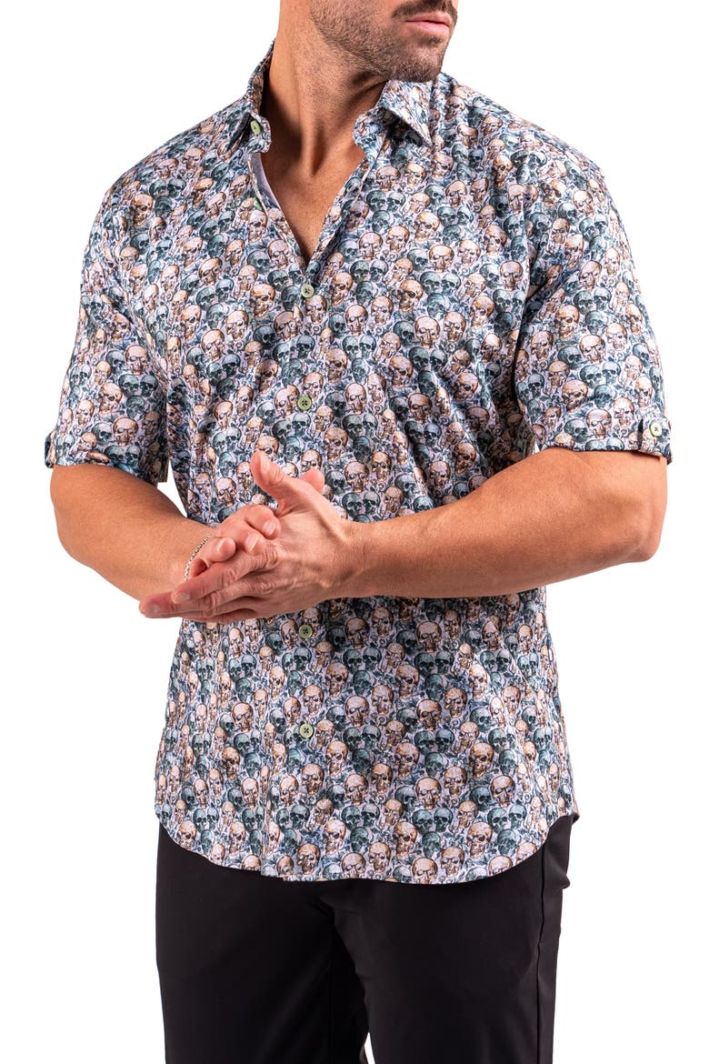 Galileo Resistance0335 Yellow Skull Print Short Sleeve Cotton Button-Up Shirt, Alternate, color, YELLOW