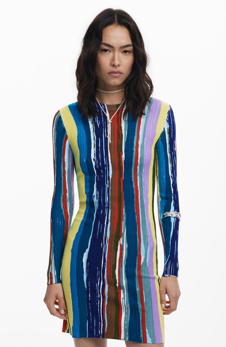 Desigual Paint Stripe Long Sleeve Minidress, Alternate, color, Blue