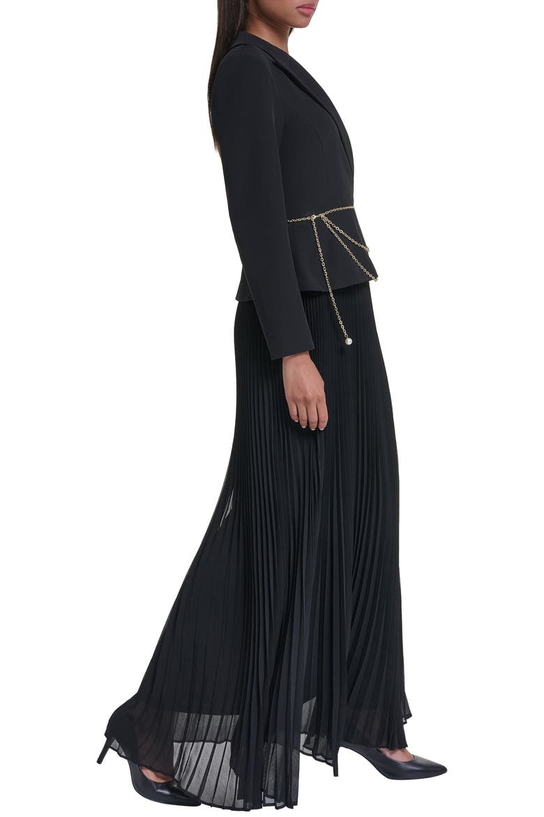 Mixed Media Pleated Gown, Alternate, color, BLACK