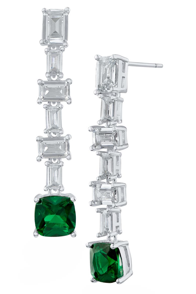 Cubic Zirconia Baguette Drop Earrings, Main, color, EMERALD/ SILVER