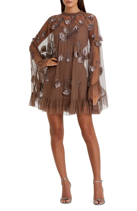 Embellished Long Sleeve Trapeze Dress with Ruffle Hem