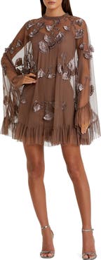 Mac Duggal Embellished Long Sleeve Trapeze Dress with Ruffle Hem