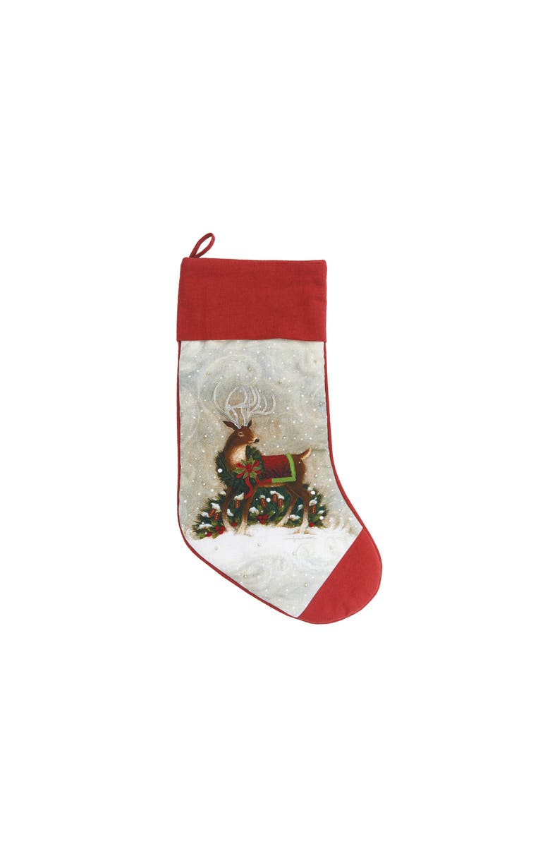 C&F Home Woodland Christmas Winter Deer Cotton Stocking with Red Cuff and Toe 20", Main, color,