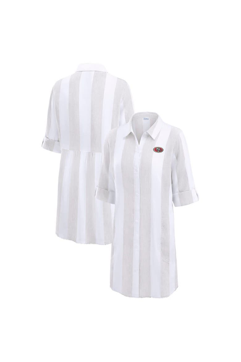 Women's Tommy Bahama  Khaki/White San Francisco 49ers Rugby Beach Stripe Button-Up Tunic, Main, color, Khaki