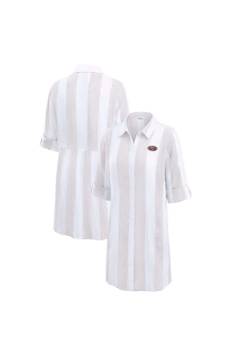 Tommy Bahama Women's Tommy Bahama Khaki/White San Francisco 49ers Rugby Beach Stripe Button-Up Tunic, Main, color, Khaki