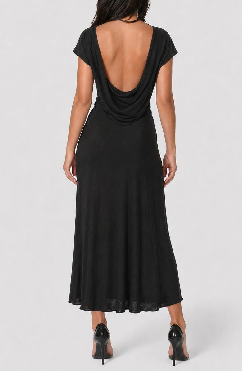 bebe Crushed Satin Draped Back Midi Dress, Alternate, color, Black