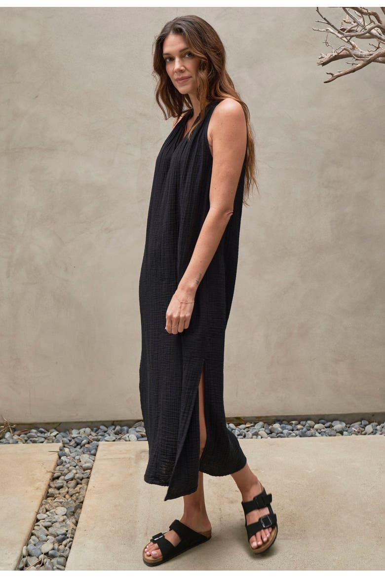 Sleeveless Gauze Midi Dress with Pockets, Alternate, color, Black