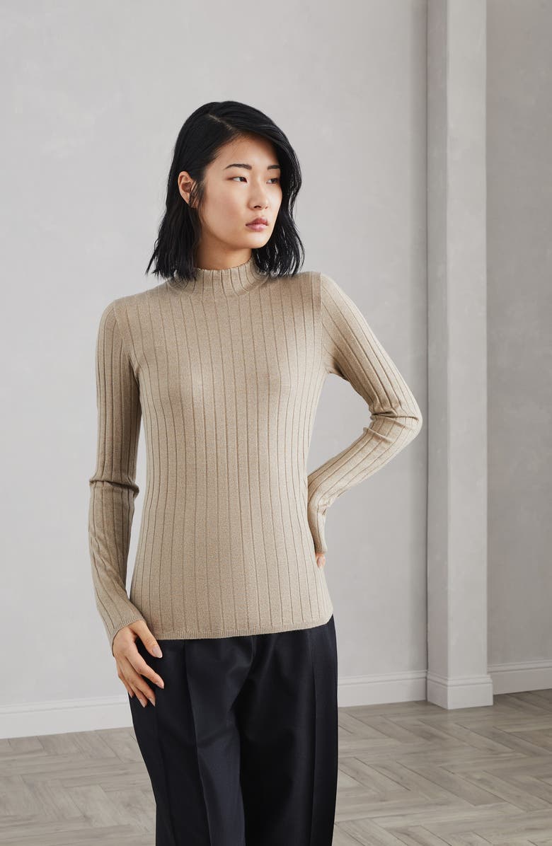 Brunello Cucinelli Sparkling cashmere and silk rib knit mock neck sweater, Alternate, color, 