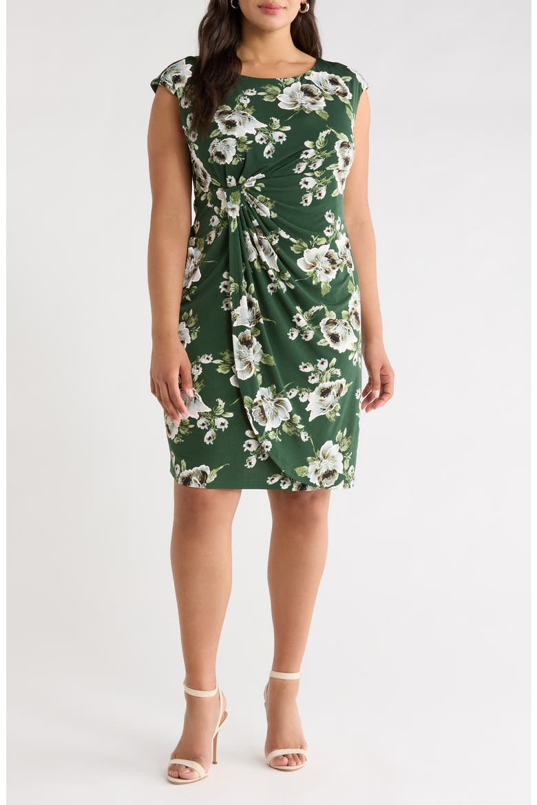 Floral Cap Sleeve Faux Wrap Midi Dress, Main, color, MOSS
