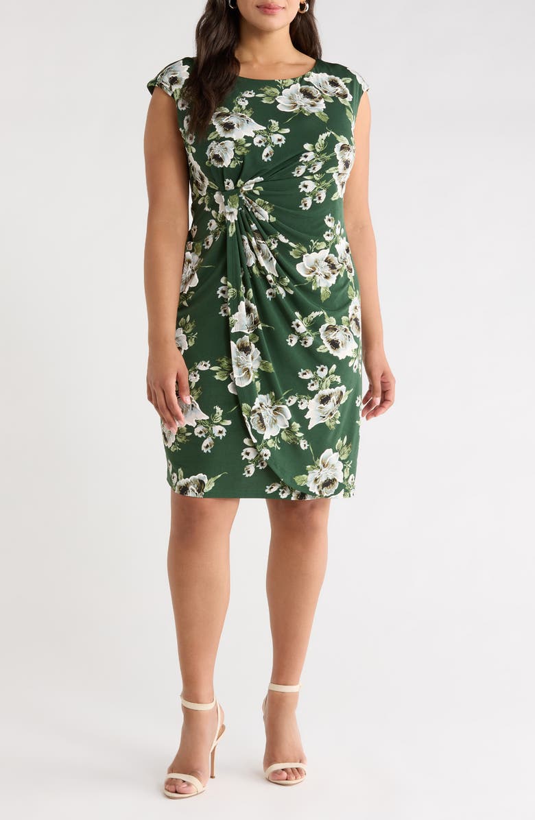 Connected Apparel Floral Cap Sleeve Faux Wrap Midi Dress, Main, color, Moss