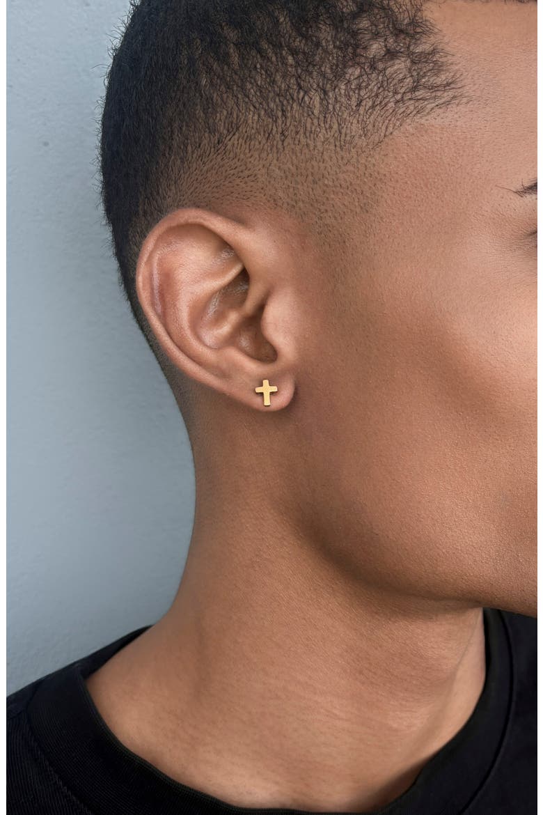 Men's 18k Gold Plated Cross & Huggie Hoop Mismatch Earring Set, Alternate, color, GOLD