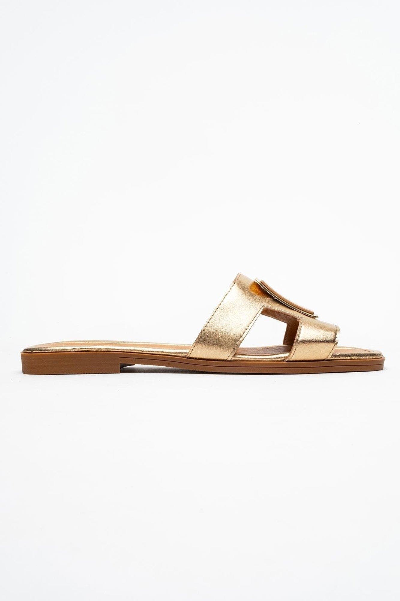 Millie Leather Buckle Slide, Alternate, color, Gold Leather