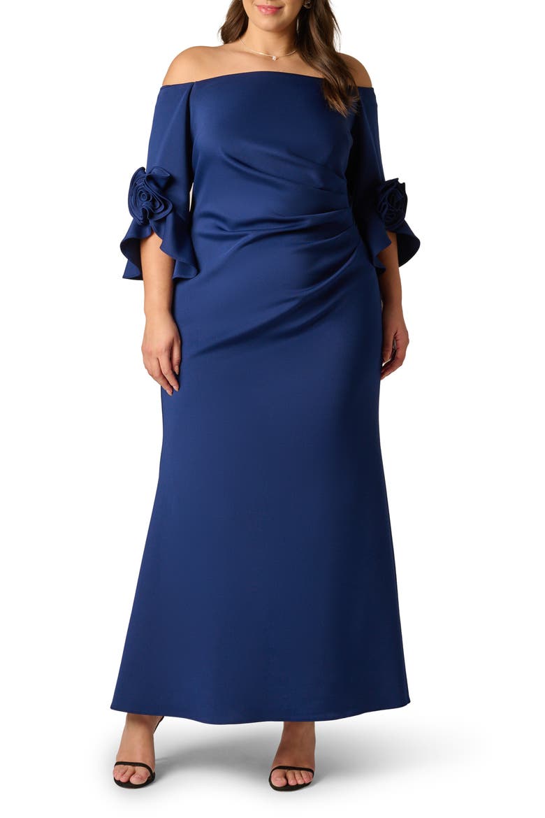 Rosette Off the Shoulder Scuba Crepe Gown, Main, color, NAVY SATEEN