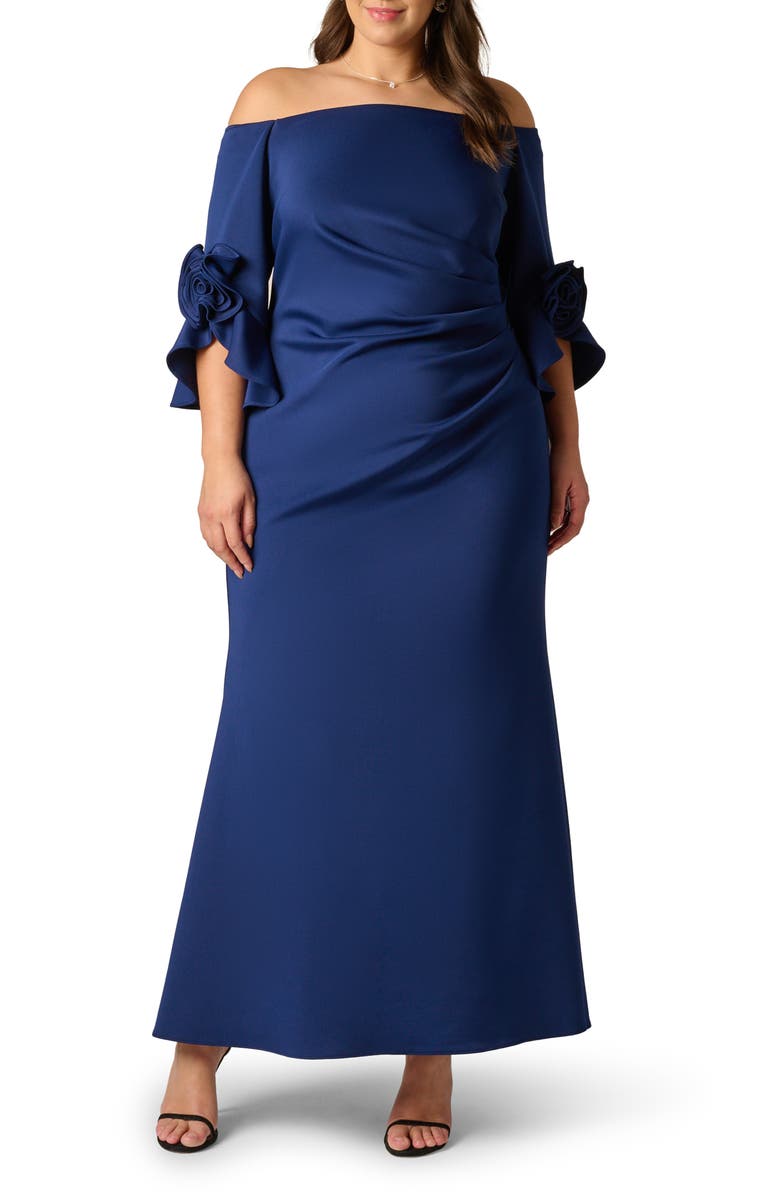 Adrianna Papell Rosette Off the Shoulder Scuba Crepe Gown, Main, color, 