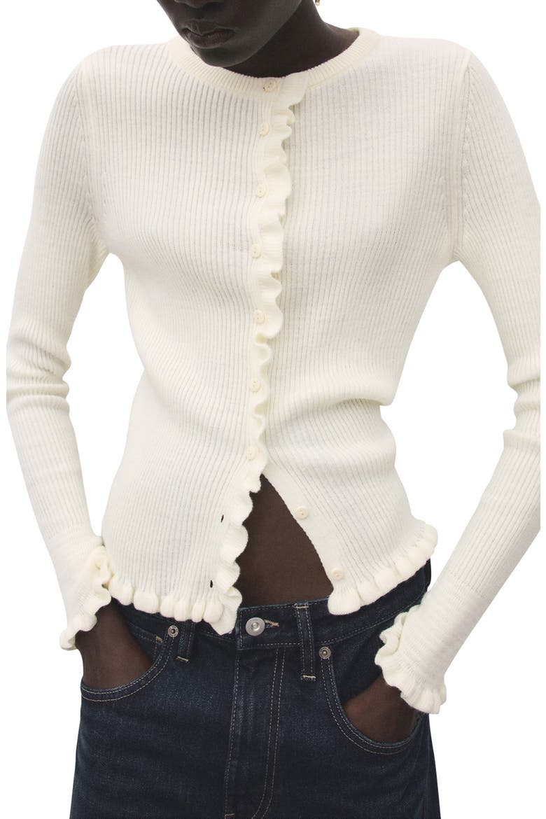 Ruffle Trim Rib Cardigan, Main, color, ECRU