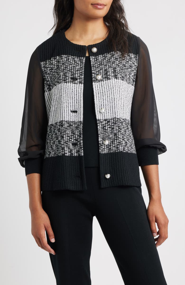 Ming Wang Mixed Media Colorblock Cardigan, Main, color, Black/ White