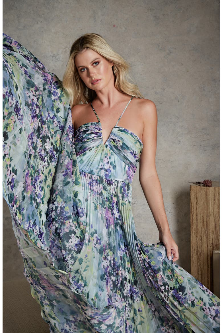 Halter Neck Floral Chiffon Gown, Alternate, color, PAINTED BOUQUET