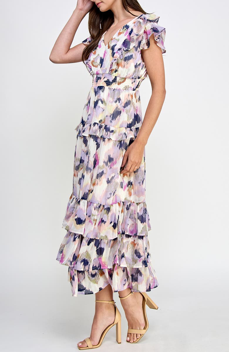 KOKO + MASON Metallic Tiered Flutter Sleeve Maxi Dress, Alternate, color,