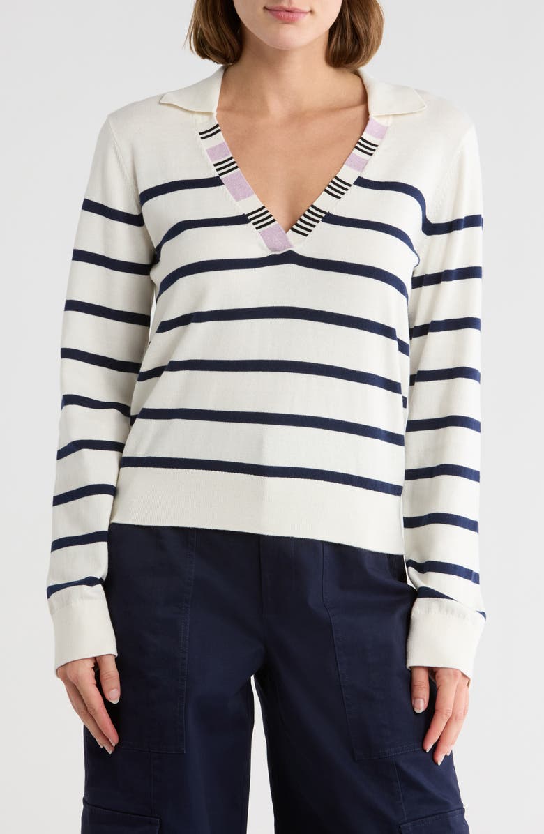 ATM Anthony Thomas Melillo Stripe Cotton & Silk Johnny Collar Sweater, Main, color, White / Midnight