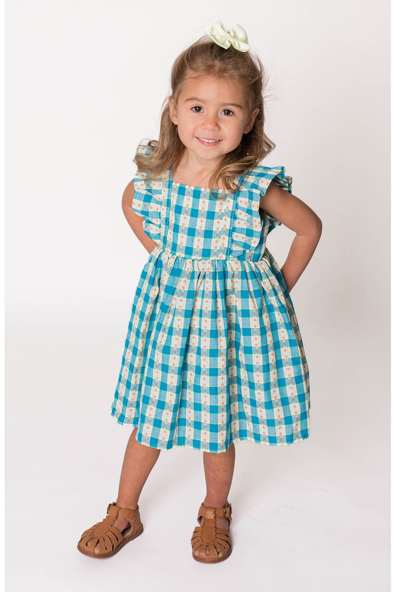 Floral Check Ruffle Cotton Dress, Alternate, color, BLUE