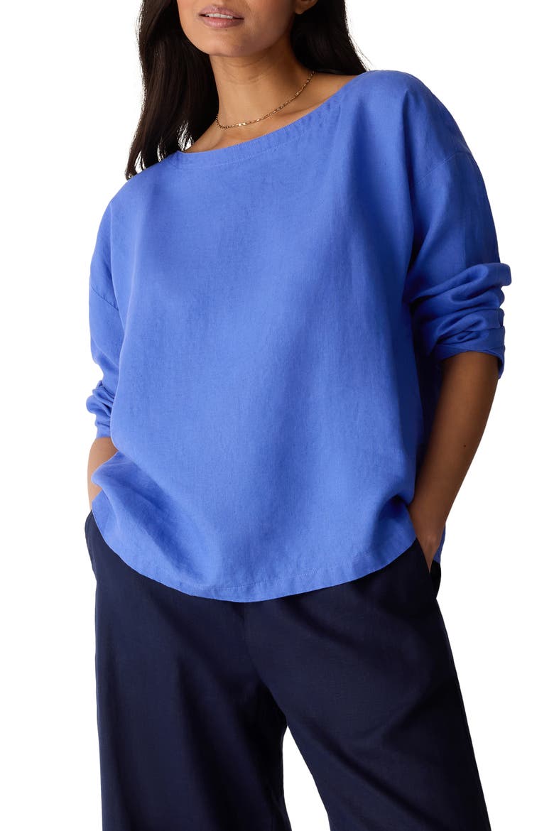 Boxy Bateau Neck Organic Linen Top, Main, color, BLUE STAR