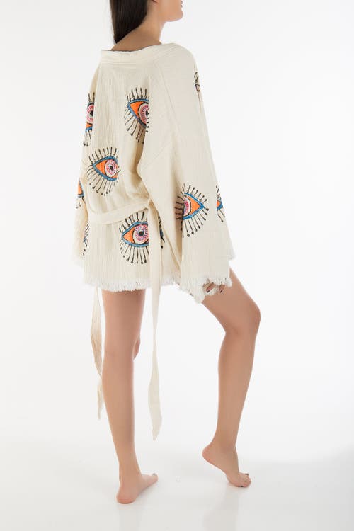 Forever & Always Shoes Sereia Evil Eye Handmade Cotton Short Kimono In Off-white