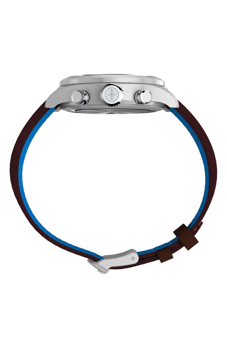 Timex<sup>®</sup> x Pan Am<sup>®</sup> Waterbury Ace Chronograph Leather Strap Watch, 41mm, Alternate, color, Silver-Tone