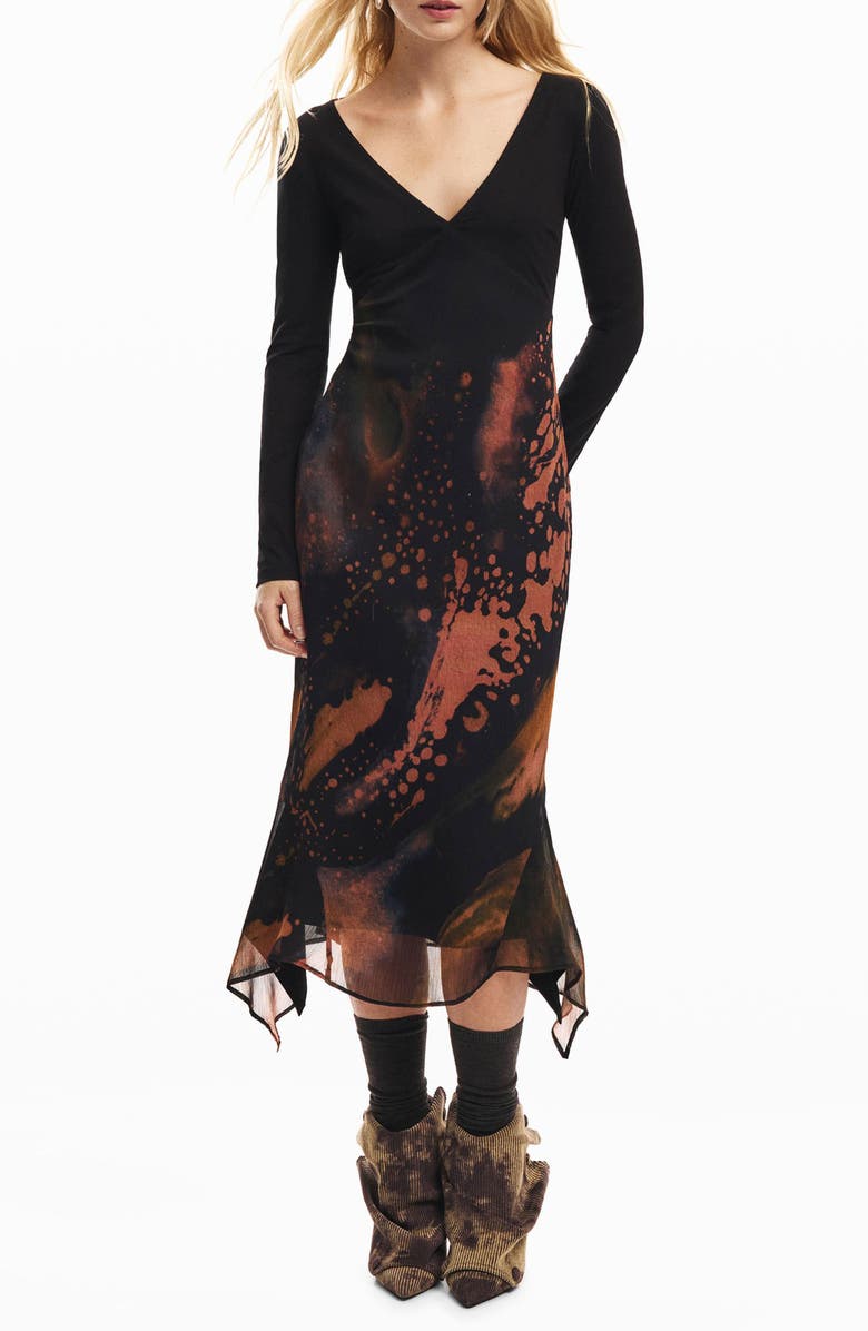 Desigual Abstract Print Long Sleeve Dress, Main, color, Black