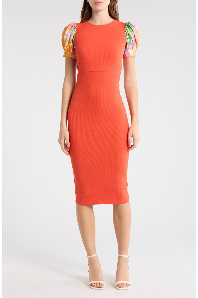 Puff Sleeve Rib Dress, Main, color, ORANGE
