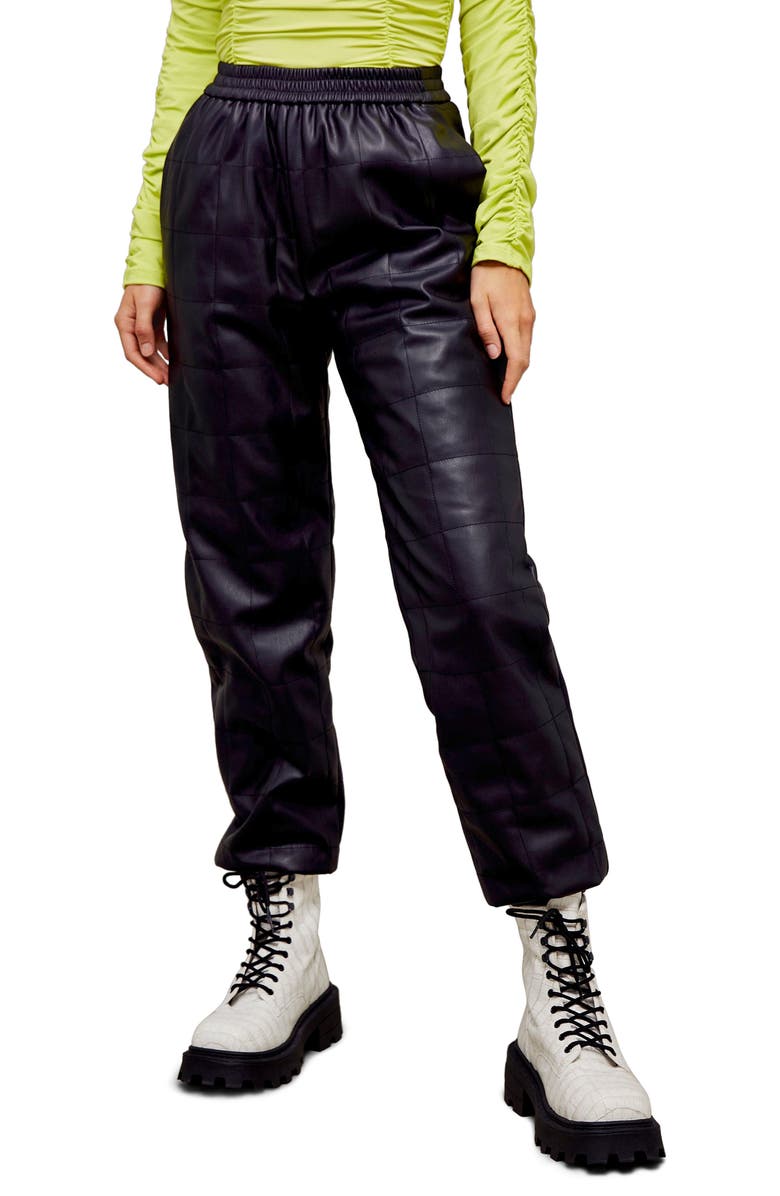 Topshop Quilted Faux Leather Jogger Pants, Main, color, 