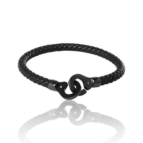 Braided Leather Bracelet with Matte Black Hook Clasp