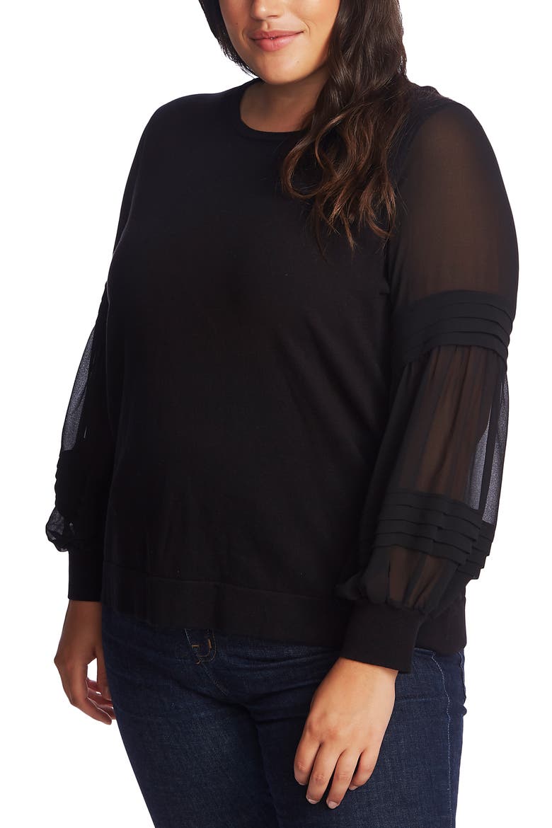 Mix Media Puff Sleeve Pullover, Alternate, color, RICH BLACK