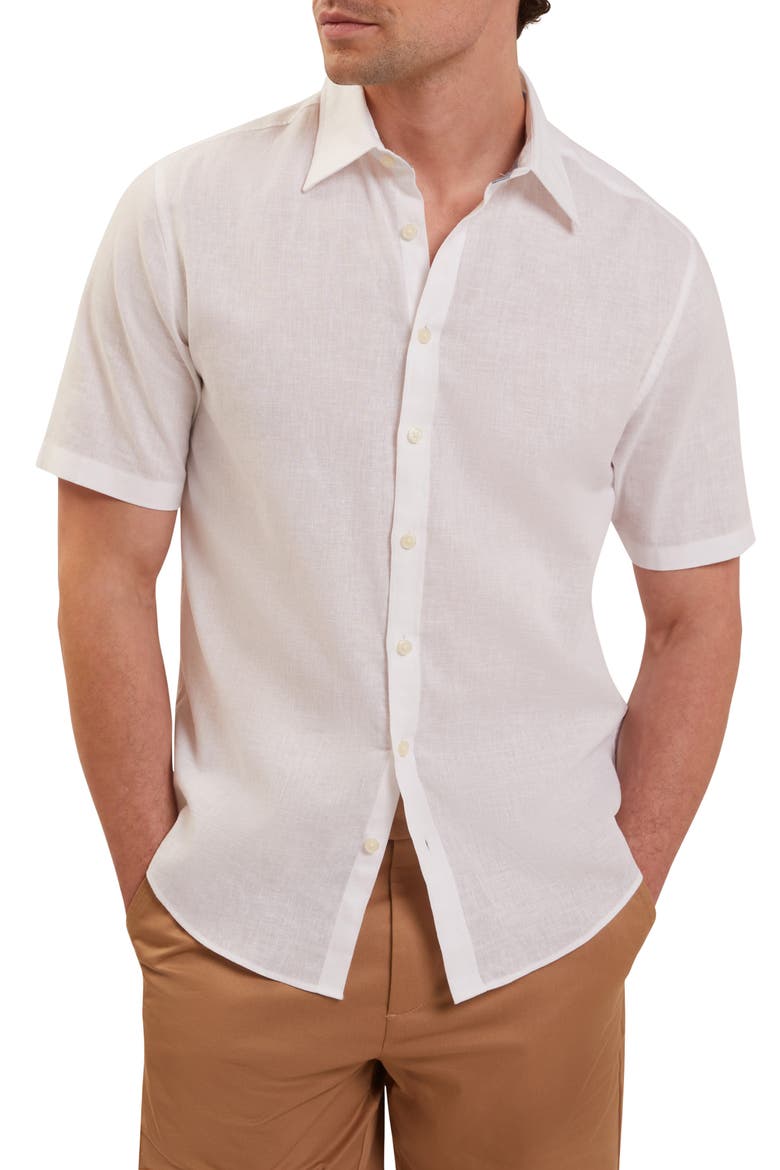Wryte Regular Fit Short Sleeve Slub Linen & Cotton Button-Up Shirt, Main, color, WHITE