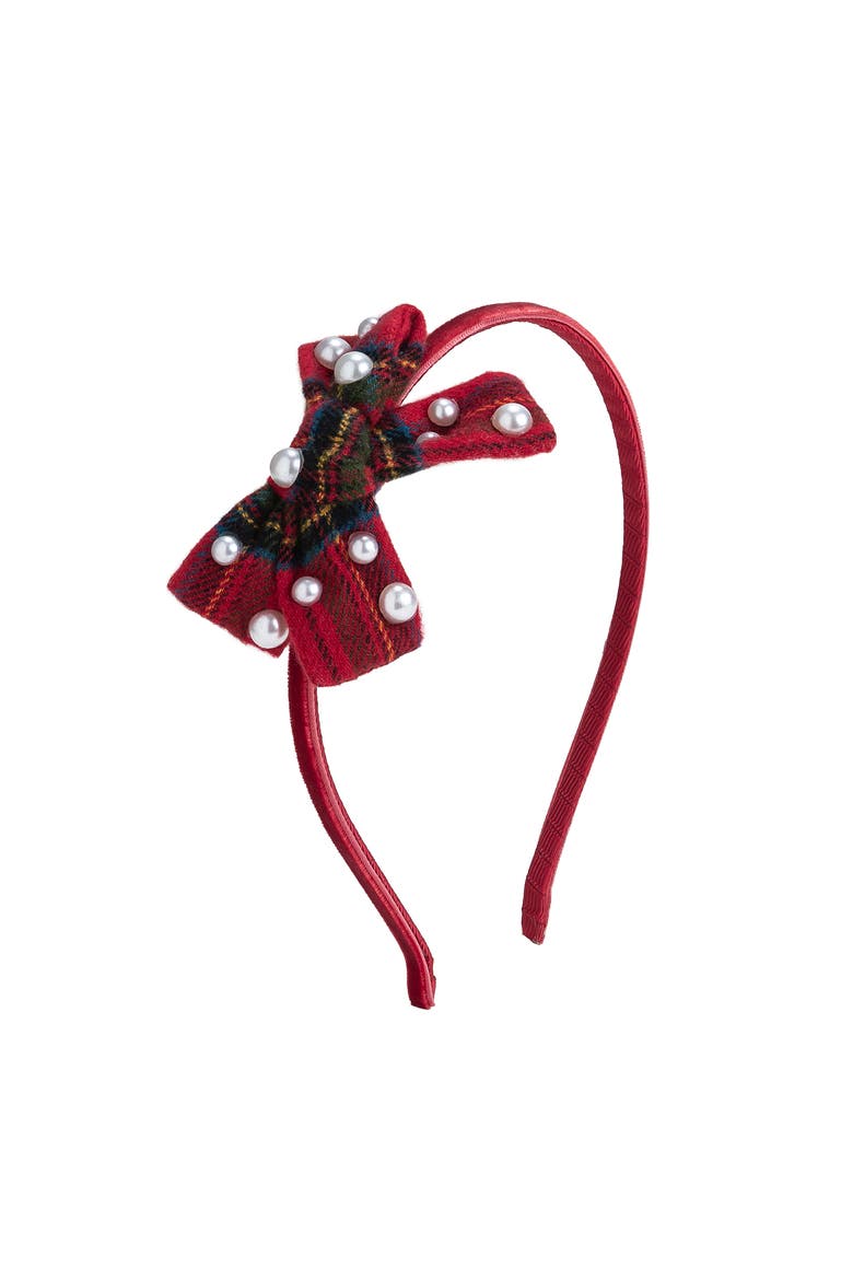 Christmas Tartan Pearl Bow Headband, Main, color, Red