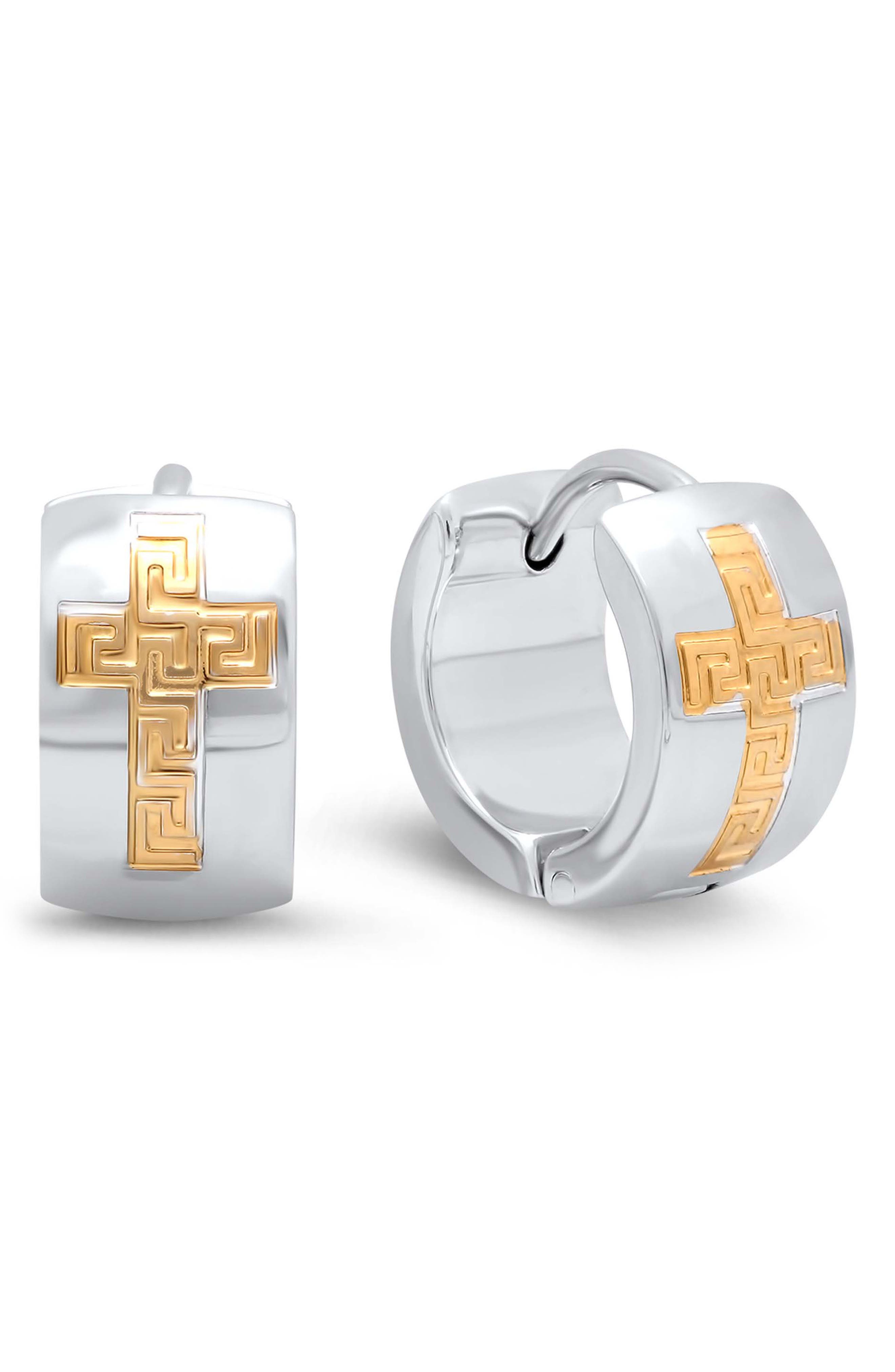 Two Tone Cross Huggie Hoop Earrings