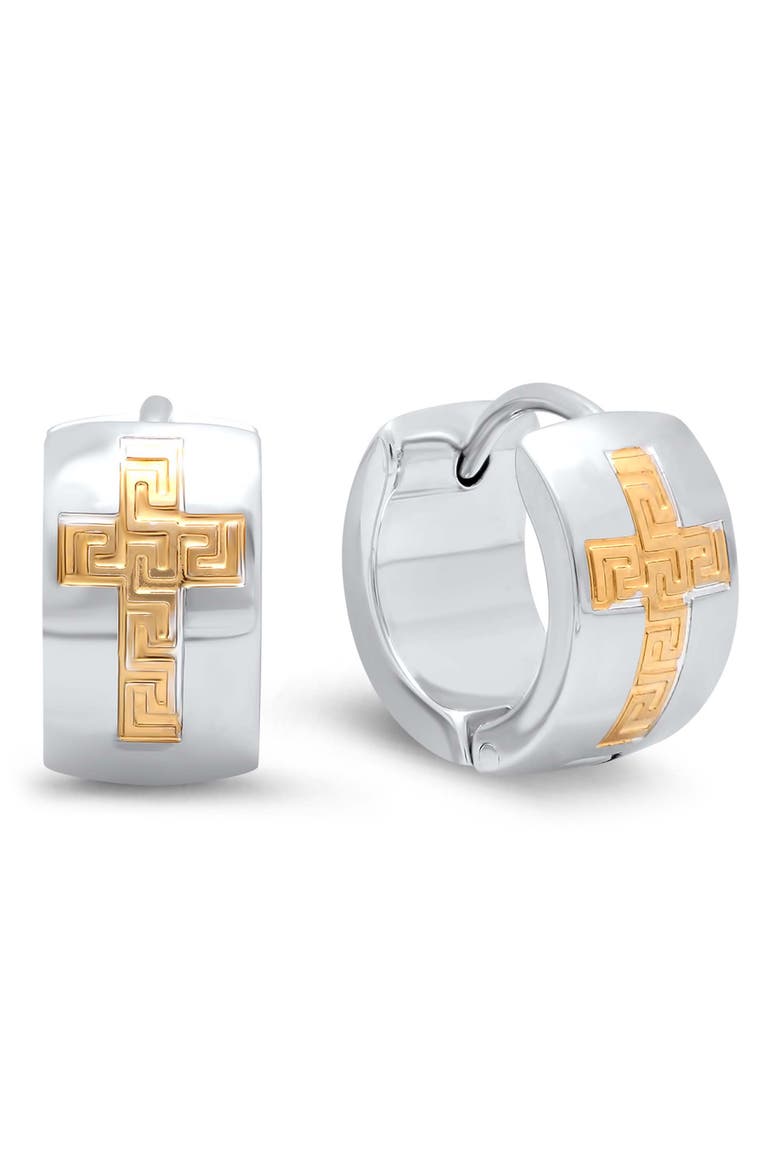 Two Tone Cross Huggie Hoop Earrings, Main, color, GOLD