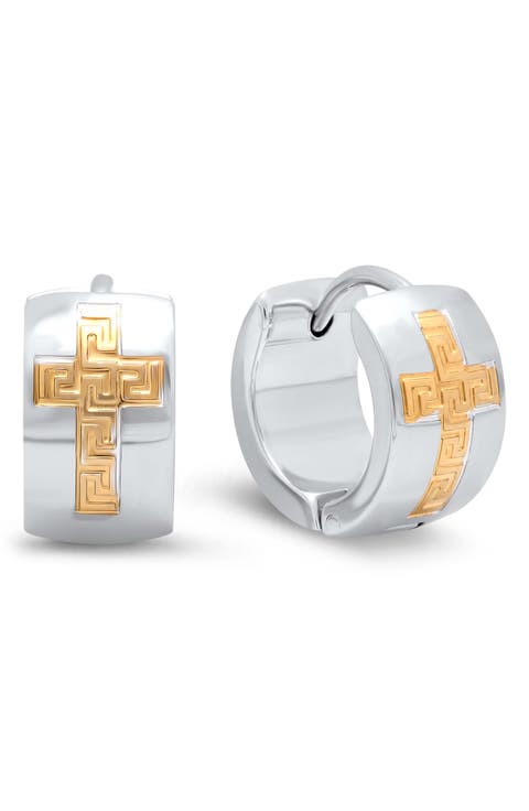 Two Tone Cross Huggie Hoop Earrings