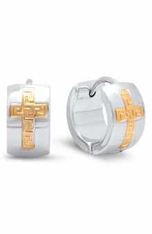 Two Tone Cross Huggie Hoop Earrings