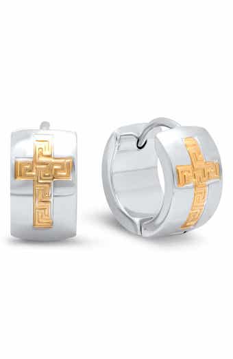 Two Tone Cross Huggie Hoop Earrings