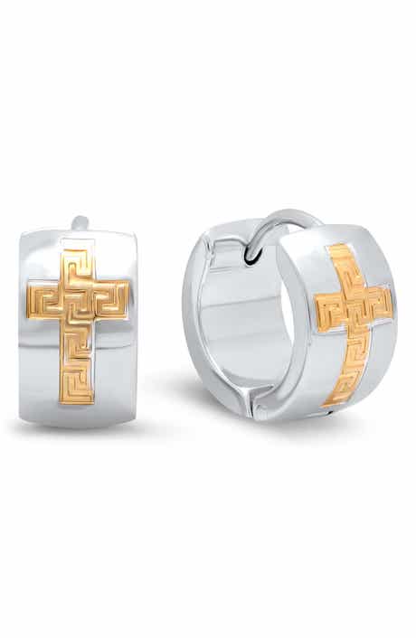 Two Tone Cross Huggie Hoop Earrings