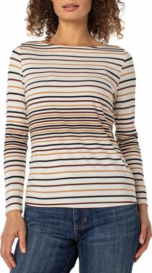 (取寄) リバプールロサンゼルス レディース ロング スリーブ ボートネック ニット トップ Liverpool Los Angeles women Long Sleeve Boatneck Knit Top Dark Liverpool Los Angeles Stripe Rib Boat Neck Long Sleeve Top