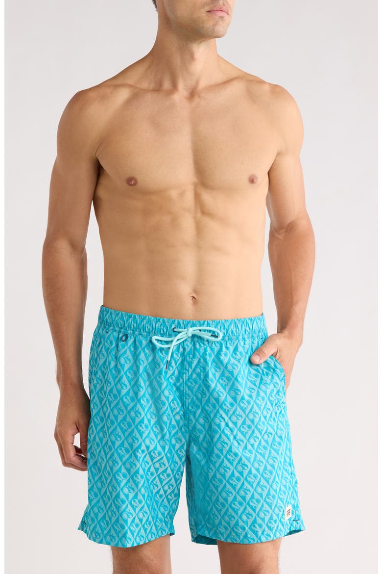 Diamond Ampersand Jacquard Swim Trunks, Main, color, TAHITIAN TEAL