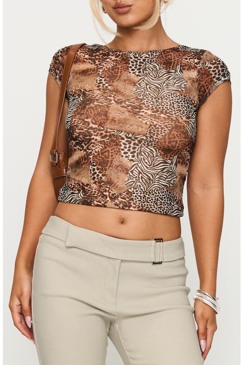 Animal Print Cap Sleeve Open Back Crop Top, Main, color, LEOPARD